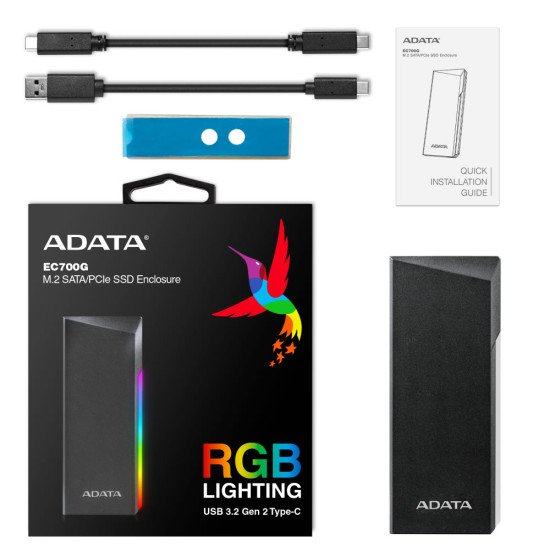 Gabinete Externo para M.2 PCIe NVMe / SATA Adata XPG EC700G RGB, USB 3.2 Gabinete Externo para M.2 PCIe NVMe / SATA Adata XPG EC700G RGB, USB 3.2