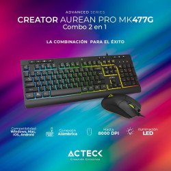 Kit Teclado y Mouse Acteck Creator Aurean Pro MK477G, Diseño Gamer, RGB, alámbrico USB