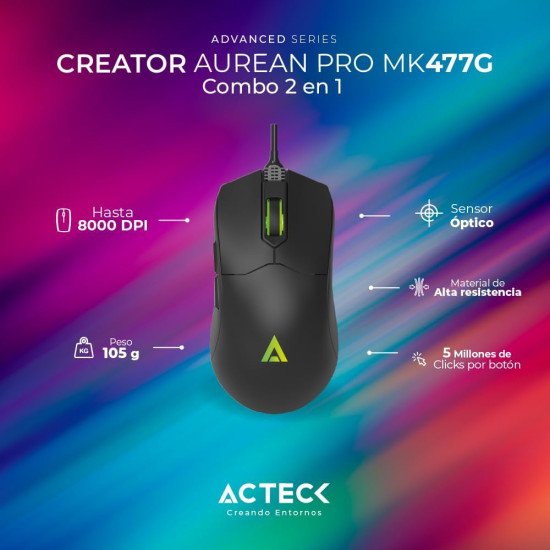 Kit Teclado y Mouse Acteck Creator Aurean Pro MK477G, Diseño Gamer, RGB, alámbrico USB