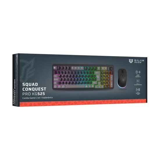 Kit Teclado y Mouse Balam Rush Squad Conquest Pro KG525, Diseño Gamer, RGB, inalámbrico, batería recargable