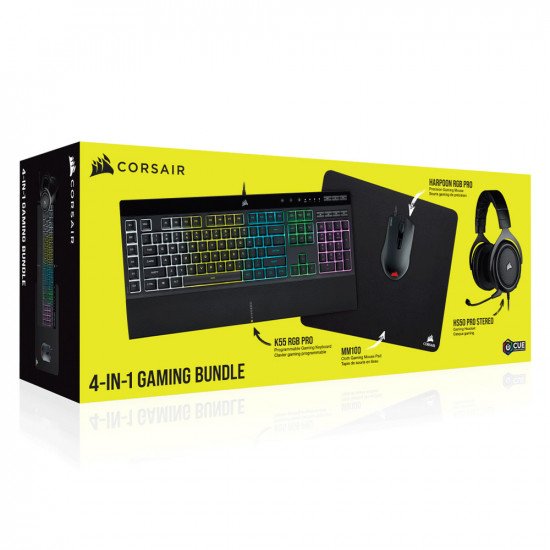 Kit Corsair 4 en 1 Teclado K55 Pro RGB + Mouse Harpoon RGB + Audifonos HS50 Pro + Mousepad