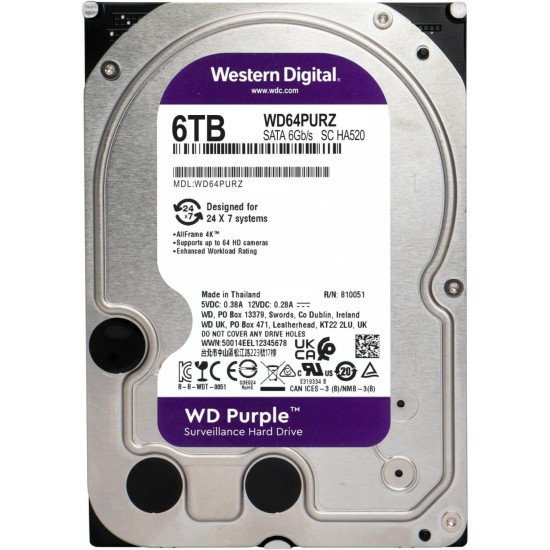 Disco Duro Interno Western Digital Purple DVR, 6Tb, 5400 RPM, Sata 6Gb/s, 256 Mb, WD64PURZ, Nuevo Disco Duro Interno Western Digital Purple DVR, 6Tb, 5400 RPM, Sata 6Gb/s, 256 Mb, WD64PURZ, Nuevo