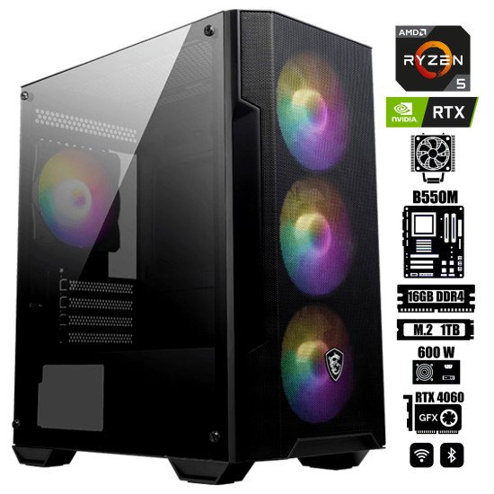 Computadora Escritorio AMD Ryzen 5 5600X + Ram 16Gb + M.2 1Tb + Geforce RTX 4060 8Gb + Wi-Fi & Bluetooth + Gabinete Ventiladores RGB