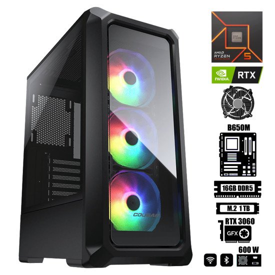 Computadora Escritorio AMD Ryzen 5 7600 + Ram 16Gb DDR5 + M.2 1Tb + RTX 3060 12Gb + Wi-Fi 6E & Bluetooth