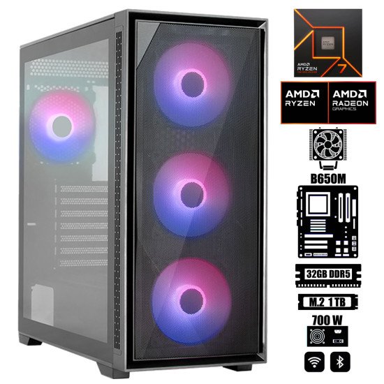 Computadora Escritorio AMD Ryzen 7 7700X + Gráficos Radeon Integrados + Ram 32Gb DDR5 + M.2 1Tb + Wi-Fi 6E & Bluetooth