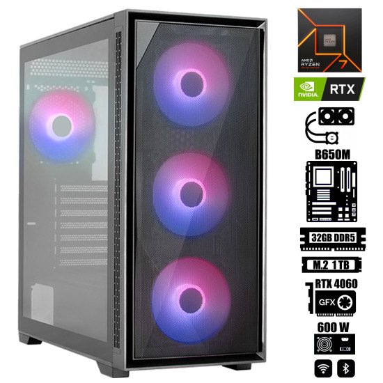 Computadora Escritorio AMD Ryzen 7 7700X + Ram 32Gb DDR5 + M.2 1Tb + Geforce RTX 4060 + Wi-Fi 6E & Bluetooth