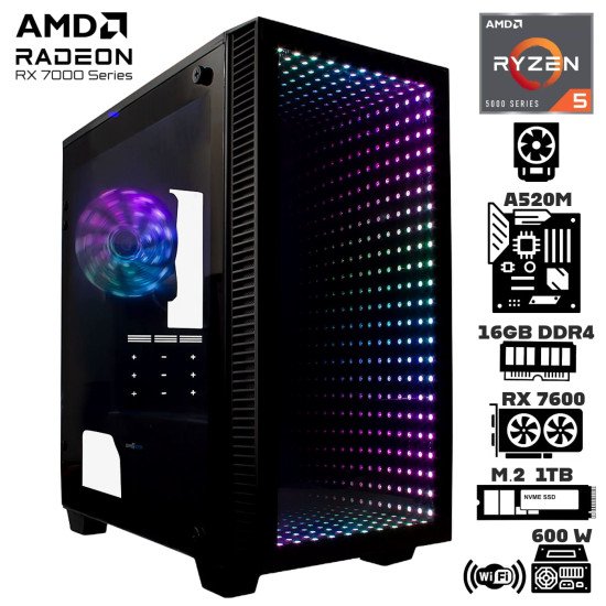 Computadora Escritorio AMD Ryzen 5 5600X + Ram 16Gb + M.2 1Tb + Radeon RX 7600 8Gb + Wi-Fi + Gabinete Mirror Computadora Escritorio AMD Ryzen 5 5600X + Ram 16Gb + M.2 1Tb + Radeon RX 7600 8Gb + Wi-Fi + Gabinete Mirror