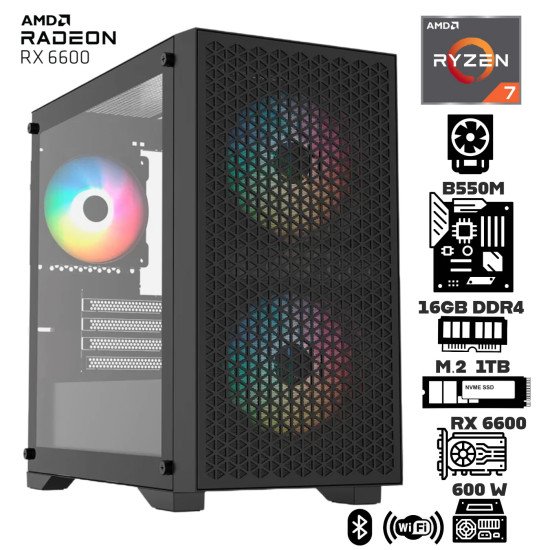 Computadora Escritorio AMD Ryzen 7 5700X + Radeon RX 6600 + Ram 16Gb + M.2 1Tb + WI-FI & Bluetooth