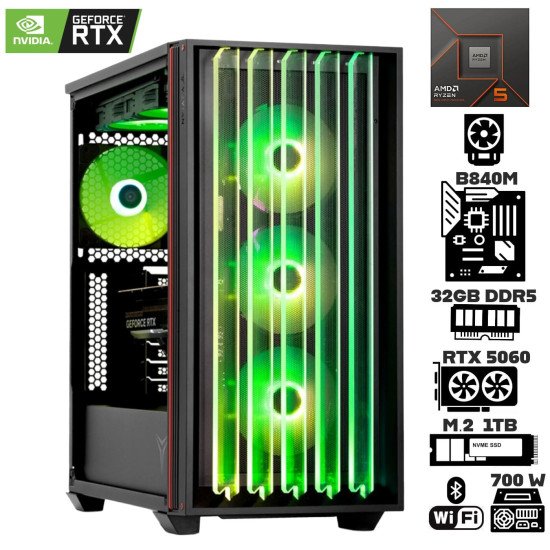 Computadora Escritorio AMD Ryzen 5 8400F + Ram 32Gb DDR5 + M.2 1Tb + Geforce RTX 5060 + Wi-Fi Bluetooth
