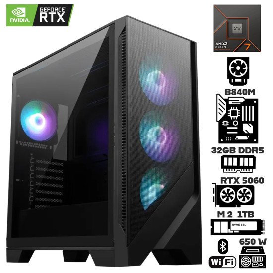 Computadora Escritorio AMD Ryzen 7 8700F + Ram 32Gb DDR5 + M.2 1Tb + Geforce RTX 5060 + Wi-Fi Bluetooth