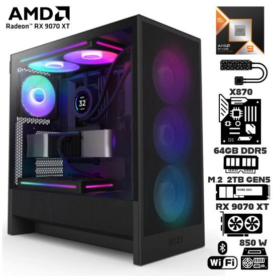 Computadora Escritorio AMD Ryzen 9 9950X3D + Ram 64Gb DDR5 + M.2 2Tb + Radeon RX 9070 XT + Wi-Fi Bluetooth