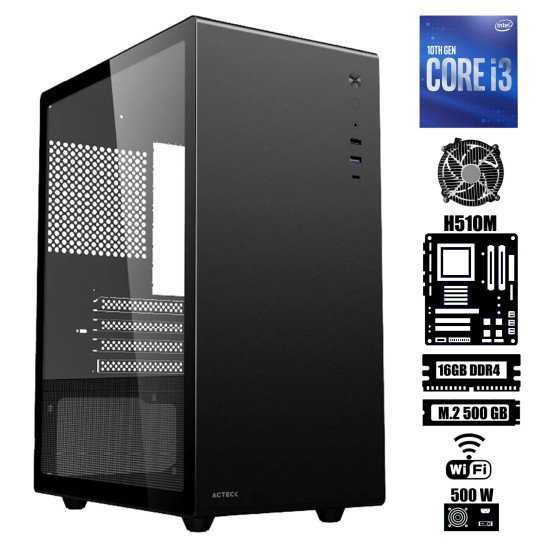 Computadora Escritorio Intel Core i3 10100 + Ram 16Gb + M.2 500Gb + WI-FI + Gabinete 500W