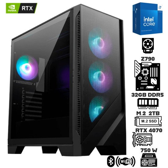 Computadora Escritorio Intel Core i7 14700F + Ram 32Gb DDR5 + M.2 2Tb + RTX 4070 + WI-FI & Bluetooth + Fuente Certificada 750W