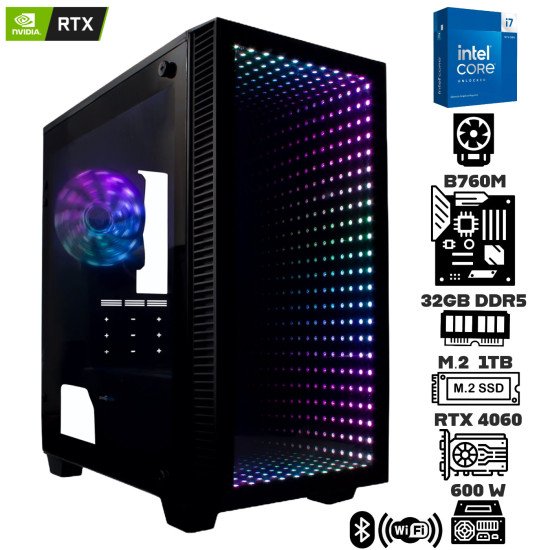 Computadora Escritorio Intel Core i7 14700KF + Ram 32Gb DDR5 + M.2 1Tb + RTX 4060 + Wi-Fi 6E & Bluetooth + Gabinete con Fuente Certificada