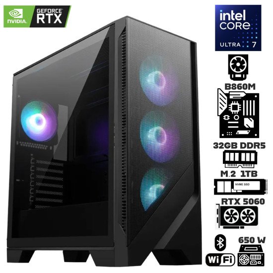 Computadora Escritorio Intel Ultra 7 265K + Ram 32Gb DDR5 + M.2 1Tb + Geforce RTX 5060 + Wi-Fi Bluetooth