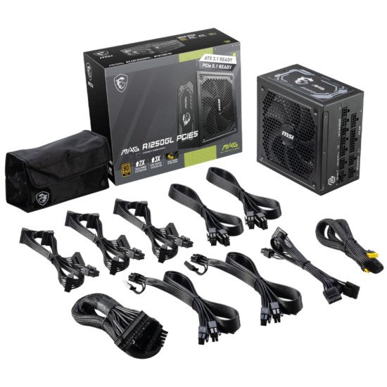Fuente de Poder MSI MAG A1250GL PCIE5, 1250 Watts, ATX 3.0, PCIE 5.0, Full Modular, Certificada 80 Plus Gold