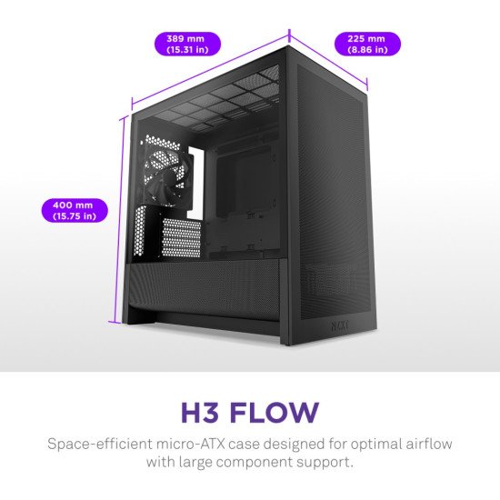 Gabinete NZXT H3 Flow Negro, Micro-ATX/Mini-ITX, Cristal Templado, USB 3.2, sin Fuente