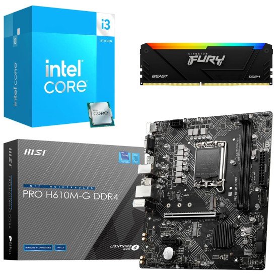 Kit Actualización Intel Core i3 14100 + Tarjeta Madre H610M D4 + Ram 16Gb DDR4 Kit Actualización Intel Core i3 14100 + Tarjeta Madre H610M D4 + Ram 16Gb DDR4